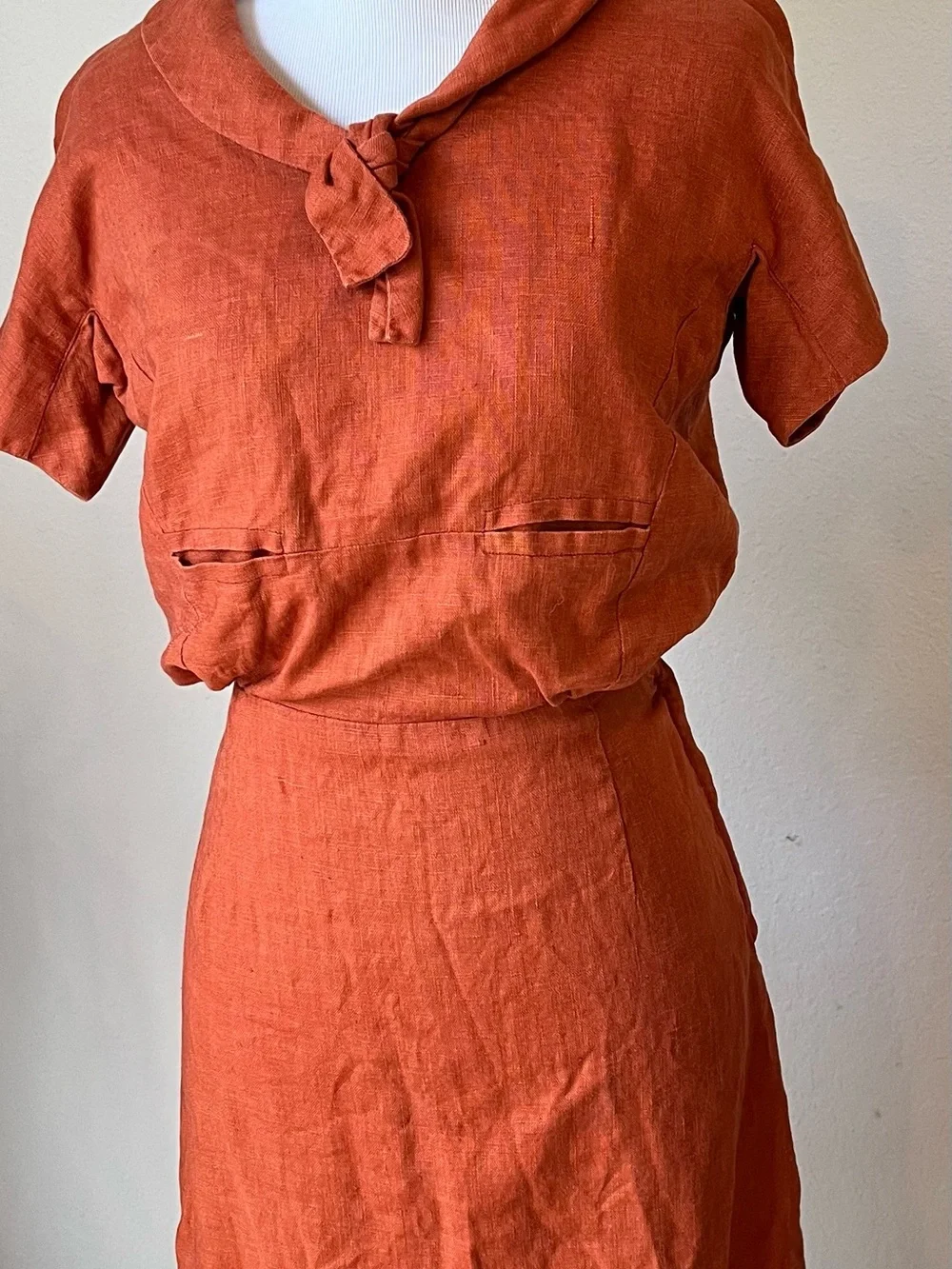 VTg 30s 40s Linen? Dress Secretary Sailor Size XS/S Burnt Orange tie neck - Picture 2 of 14